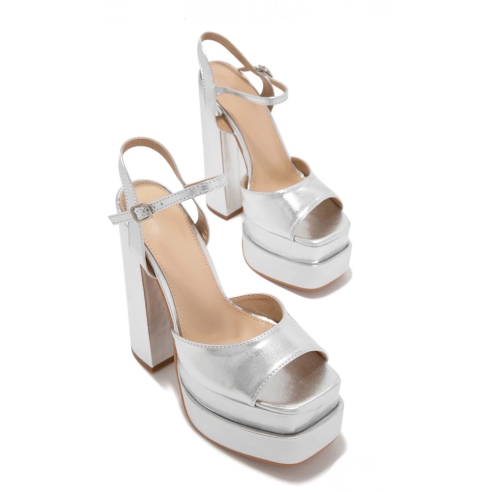 Silver Double Platform Block High Heels - Picture 3 of 10